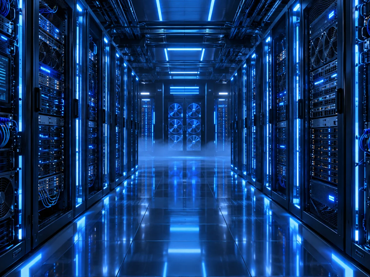 Futuristic blue-lit data centre with visible server racks, networking equipment and hosting infrastructure